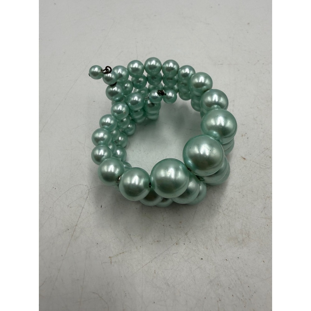 Aqua Blue Faux Pearl Wrap Bracelet Multi Strand Graduated Memory Wire Statement
